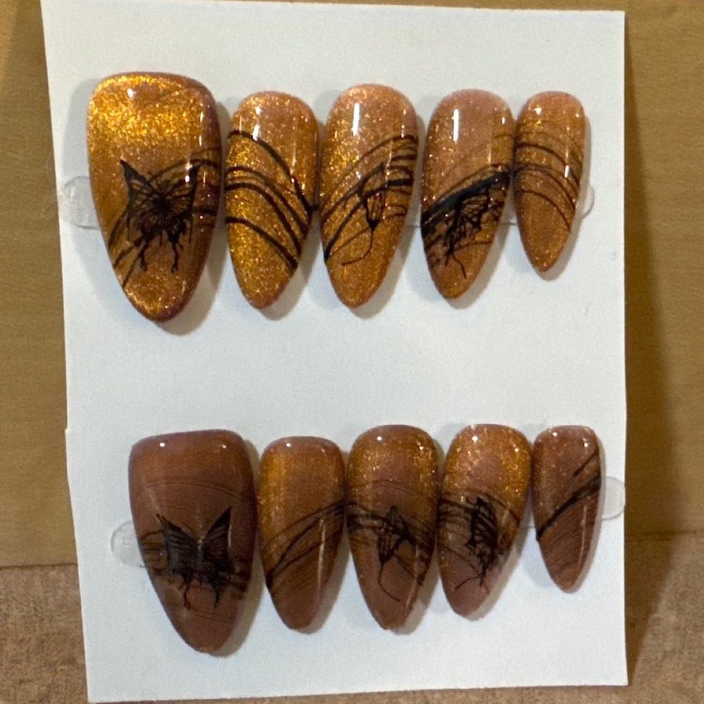 Butterfly Cat Eye Press On Nails Bronze Amber Glitter Almond Shape 10pc Set